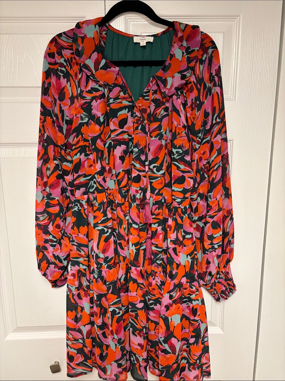 entro Bright Floral Tiered Long Sleeve Dress in Pink & Orange